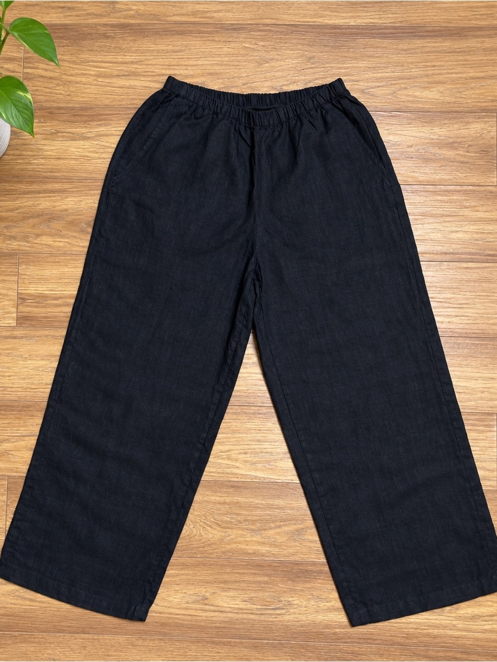Flax 100% Linen Black Wide-Leg Elastic Waist Cropped Pants